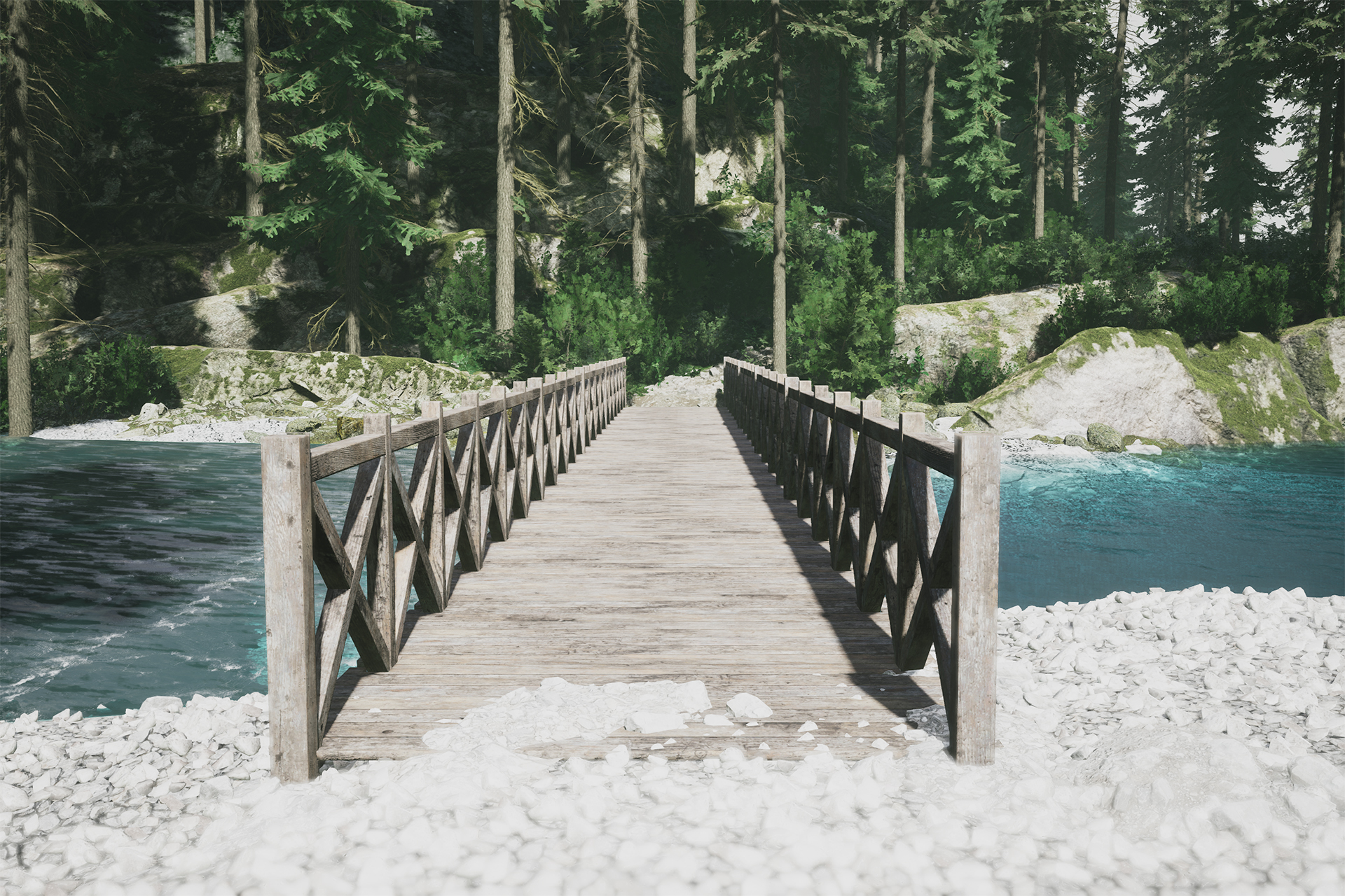 A photo taken in Lushfoil Photography Sim. It faces a small wooden foot-bridge head-on. There is rocky shore in the foreground and a path into the woods in the background.