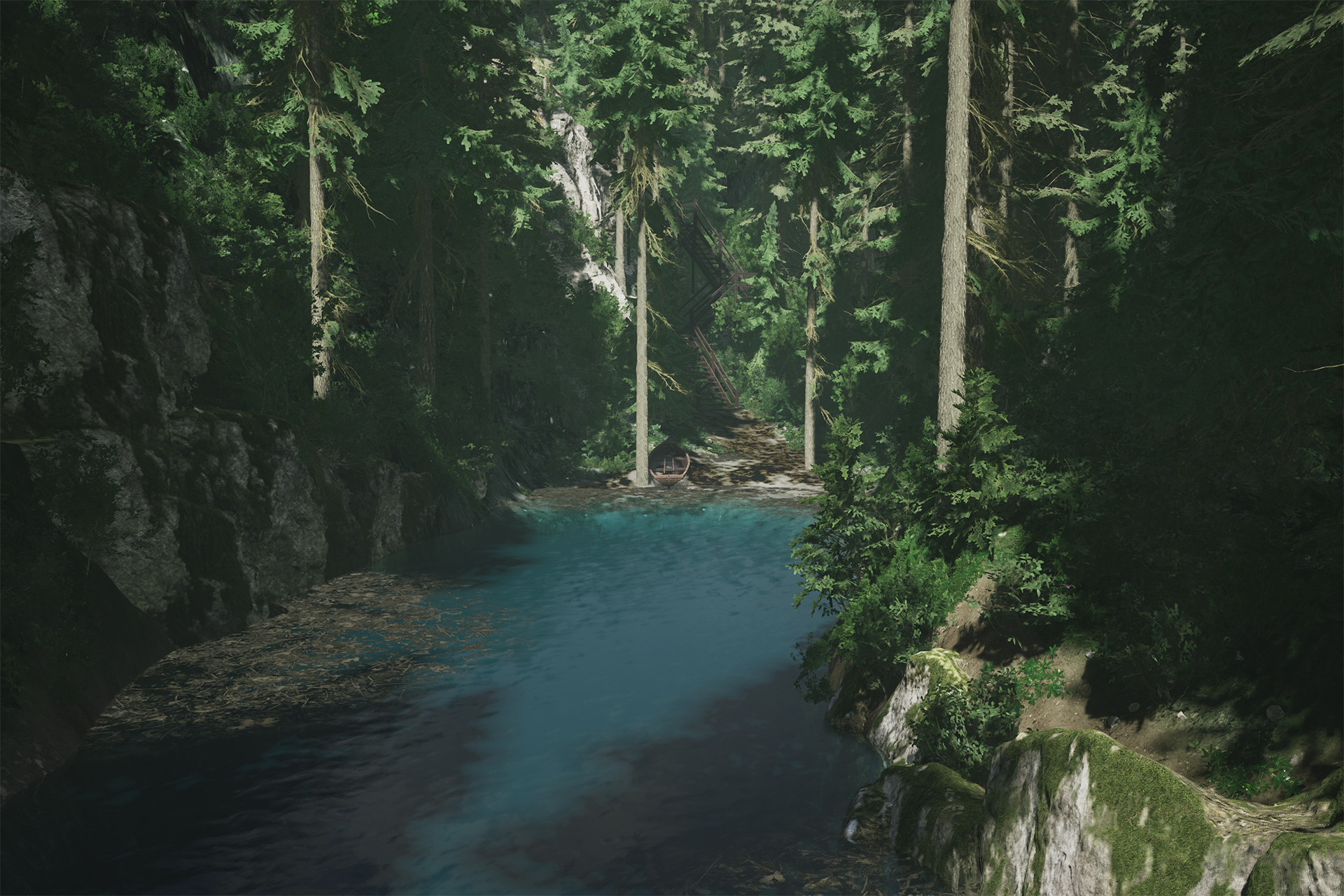 A photo taken in Lushfoil Photography Sim. A set of tall wooden stairs are hidden amoung the trees in a small, blue inlet.