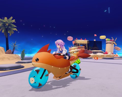 A screenshot of an orange and blue motorbike in Neptunia Riders VS Dogoos.