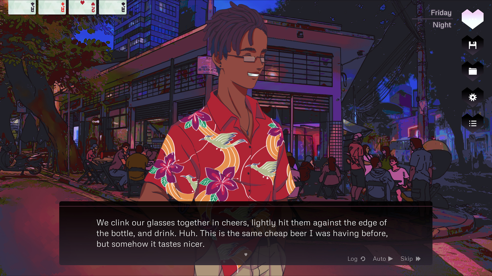 A screenshot from Pivot of Hearts. The protagonist stands in front of a new friend outside of a bar, and thinks, "We clink our glasses together in cheers, lightly hit them against the edge of the bottle, and drink. Huh. This is the same cheap beer I was having before, but somehow it tastes nicer."