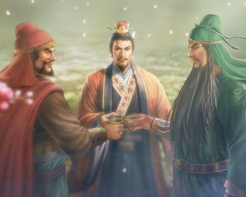 A screenshot of the three leaders in Romance of the Three Kingdom 8 Remake.